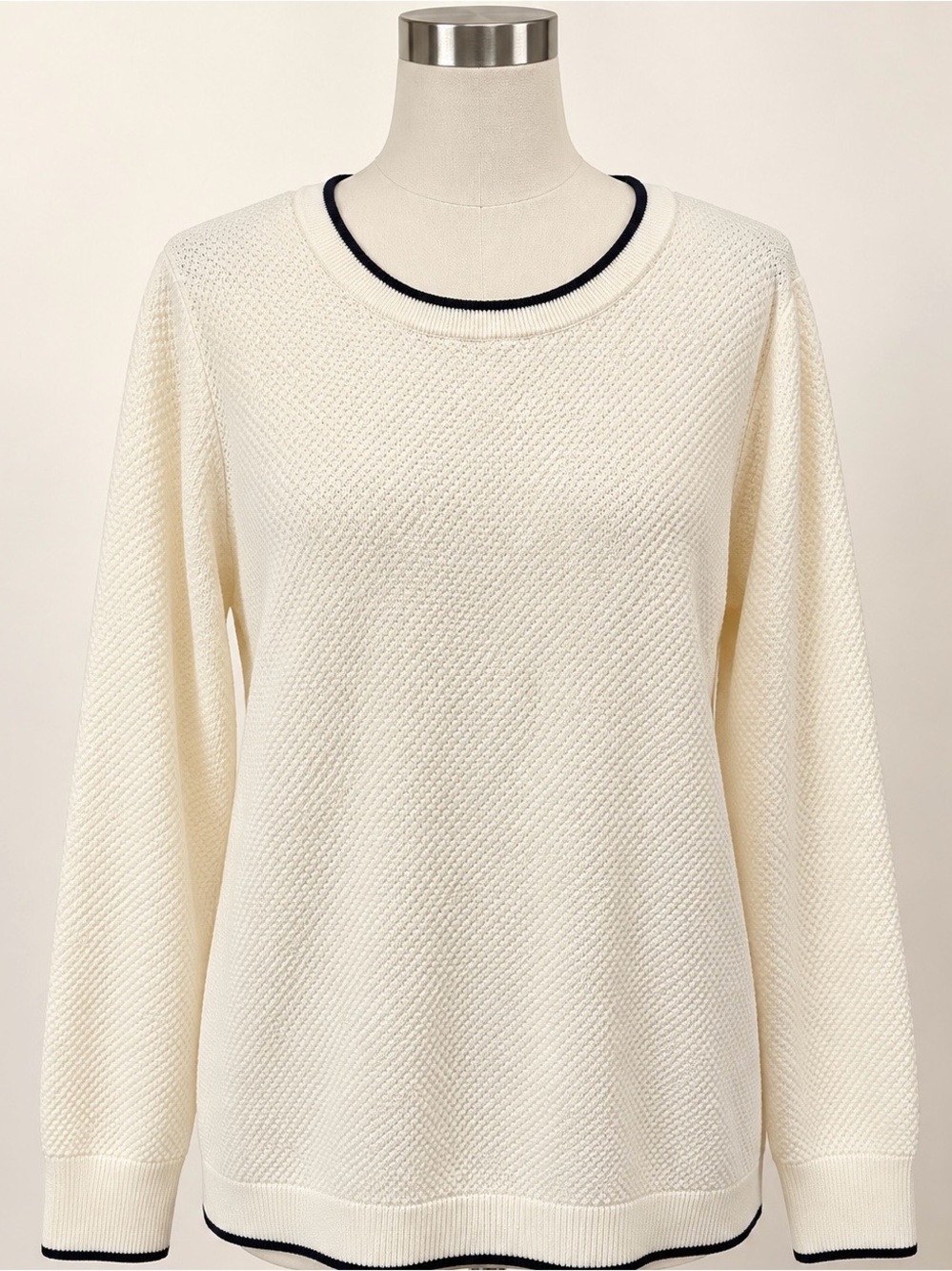 LOFT Plus 16/18 Ivory Textured Cotton Sweater Dark Navy Trim Crewneck Pullover